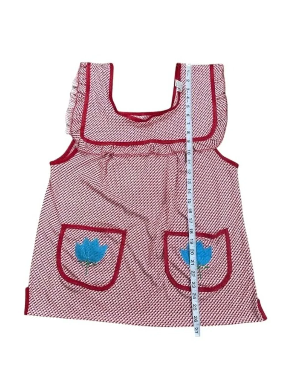 Mexican Artisan Apron Tradicional Pullover Style Red printed front pockets SZ M